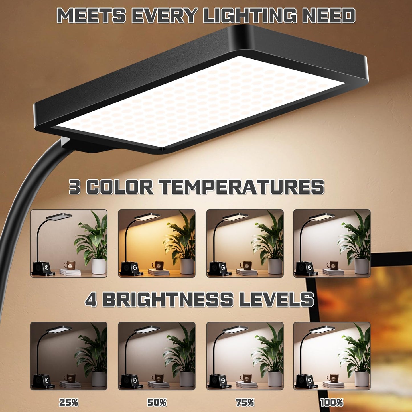 cozoo LED Desk Lamp for Home Office, 15W Bright Desk Light with Wireless Charger Pen Holder, Gooseneck Small Table Lamp for Bedroom, Study, Reading, Work, Task, Craft, College Dorm Room Accessories