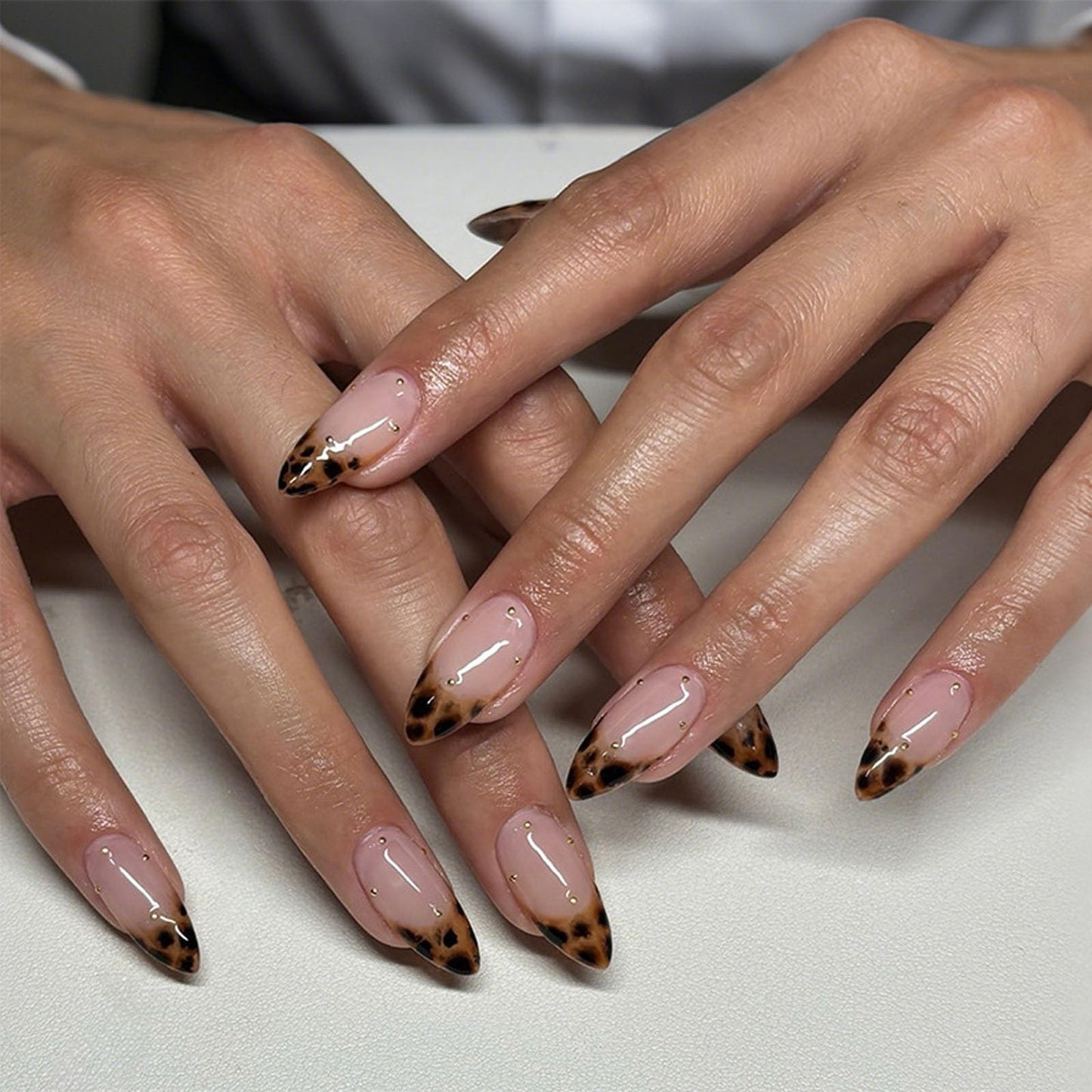 IMRAIN Fall Press on Nails - Medium Almond Fake Nails, Brown Leopard Print French False Nails Tips - Gold Bead Designs, Full Cover Acrylic Glossy Glue on Nails for Women Girls 24Pcs