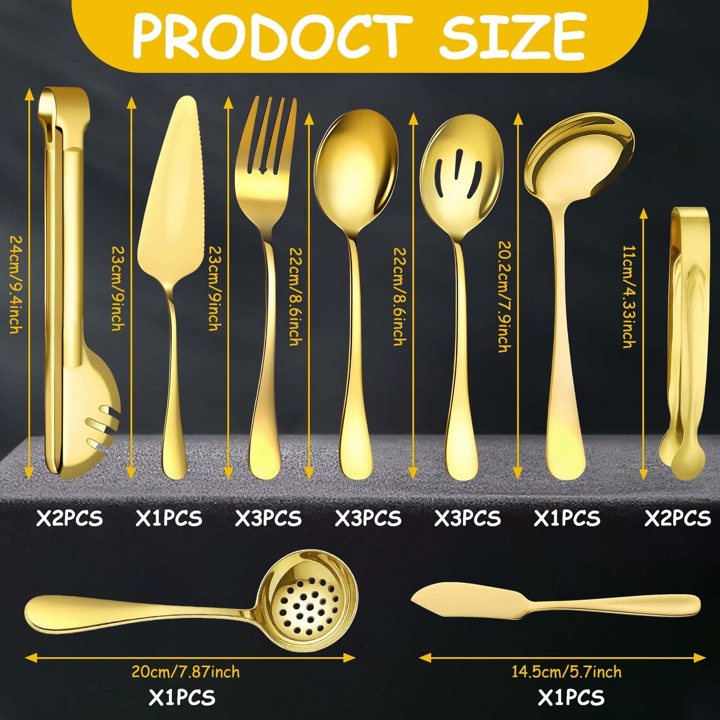 17 Pcs Gold Serving Utensils Set Include Stainless Steel Large Serving Spoons Slotted Spoons Forks Soup Ladle Pie Server - Metal Utensils for Parties Buffet Catering, Dishwasher Safe