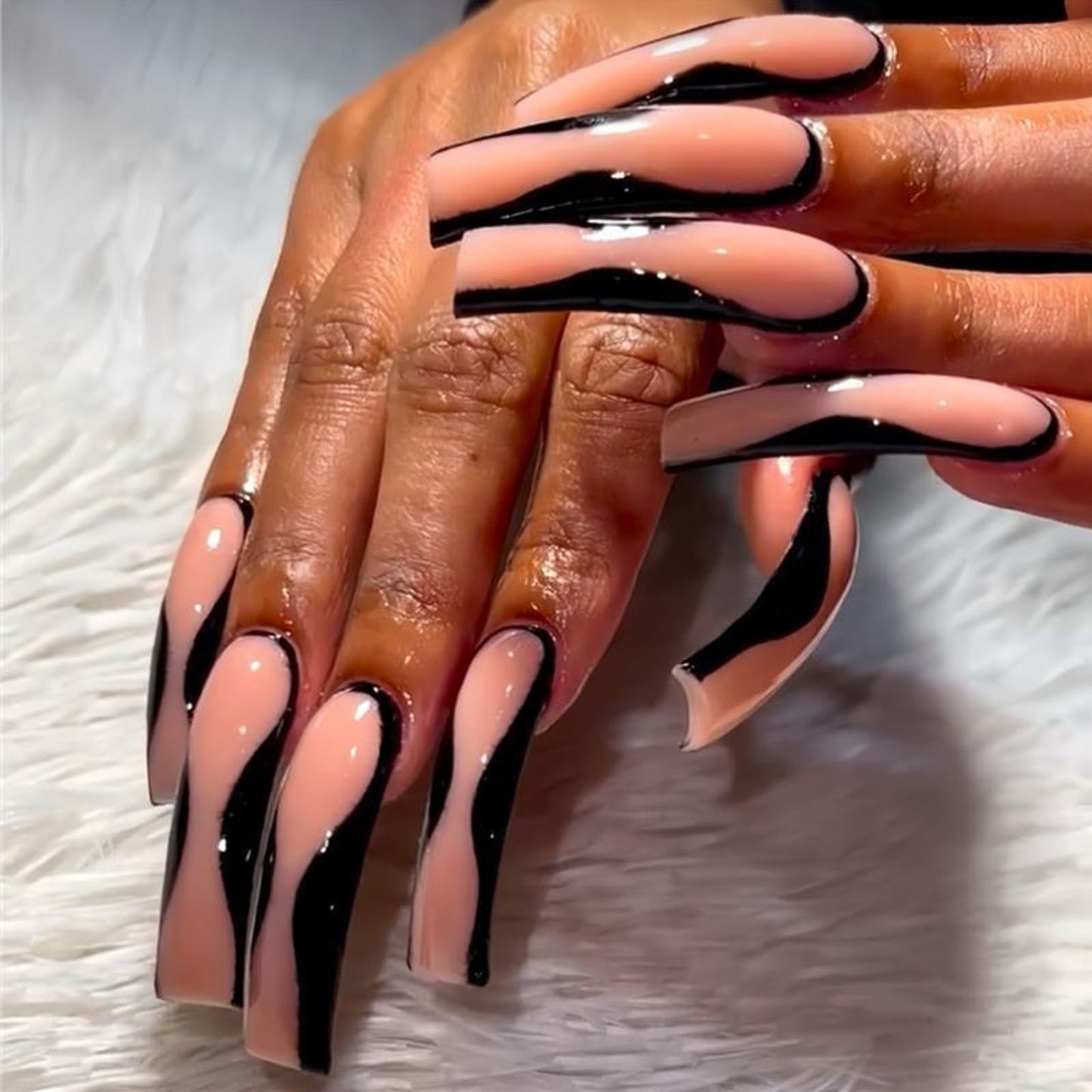 IMSOHOT Black French Tips Press on Nails Extra Long Curved Fake Nails Nude Glossy Glue on Nails Full Cover Acrylic Artificial Fake Nails