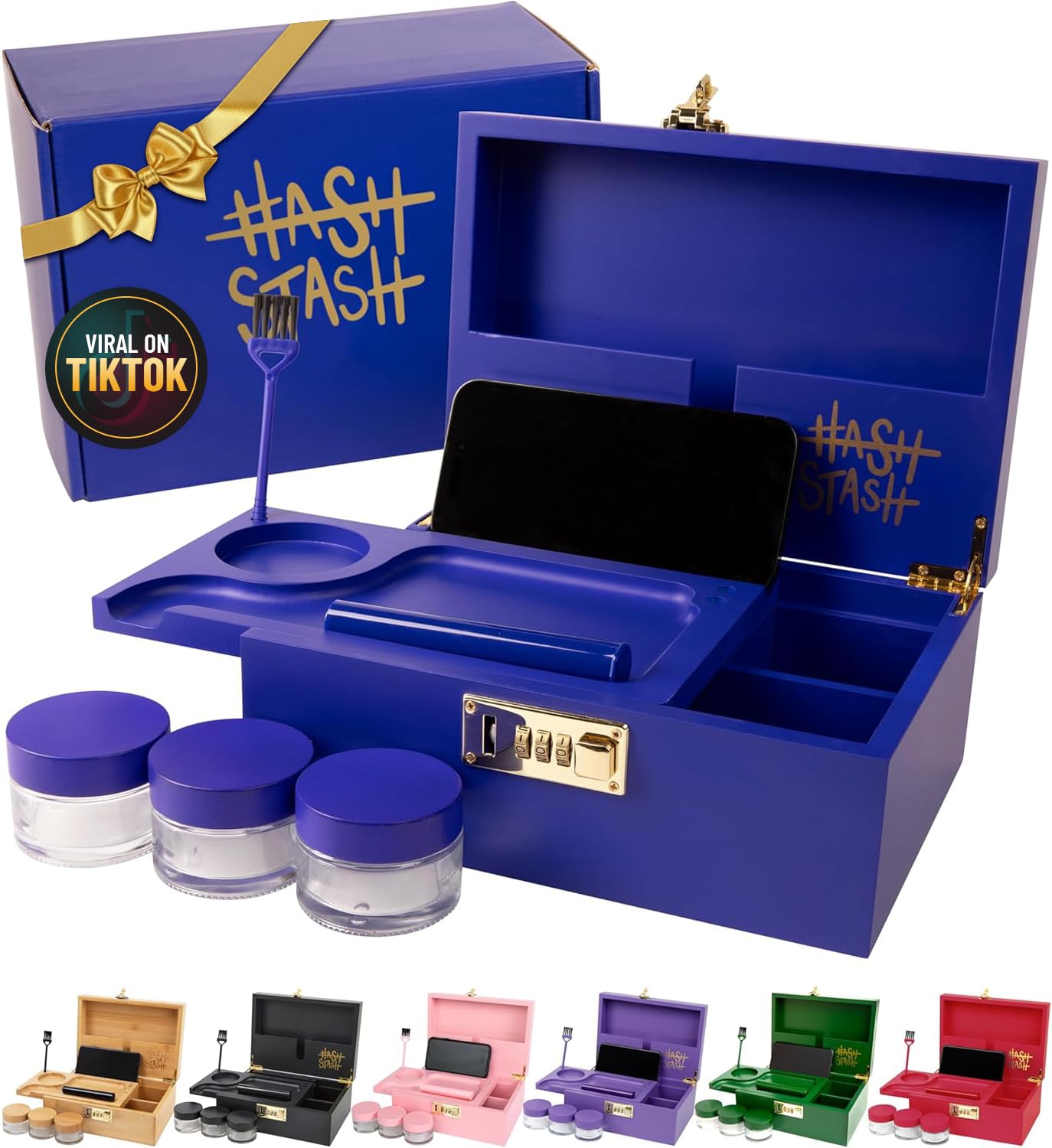 The OG Storage Box - Large Bamboo Box with Combination Lock, Magnetic Lid, Organizer Tray, Airtight Tube and 3 Jars - Discreet Decorative Locking Wooden Box with Accessories (Royal Blue/Gold)