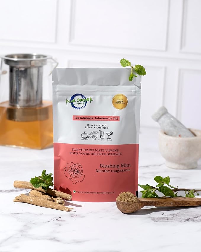 Blue Pepper Mint Tea Infusion | Refreshing Mint Blend with Rose Petals, Coriander, Licorice Root & Amla | Caffeine-Free Natural Beverage