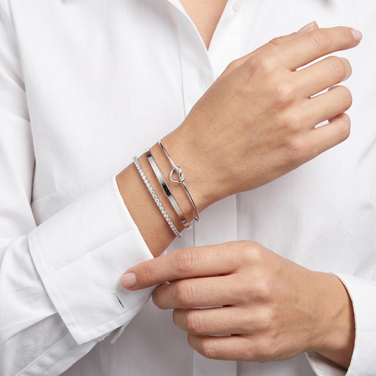 Poxtex Silver Cuff Bracelets Set for Women, 3 Pcs Stackable Open Bangles, Cubic Zirconia Tennis, Stardust Thin Polished Band, Non Tarnish Stainless Steel Jewelry Gifts