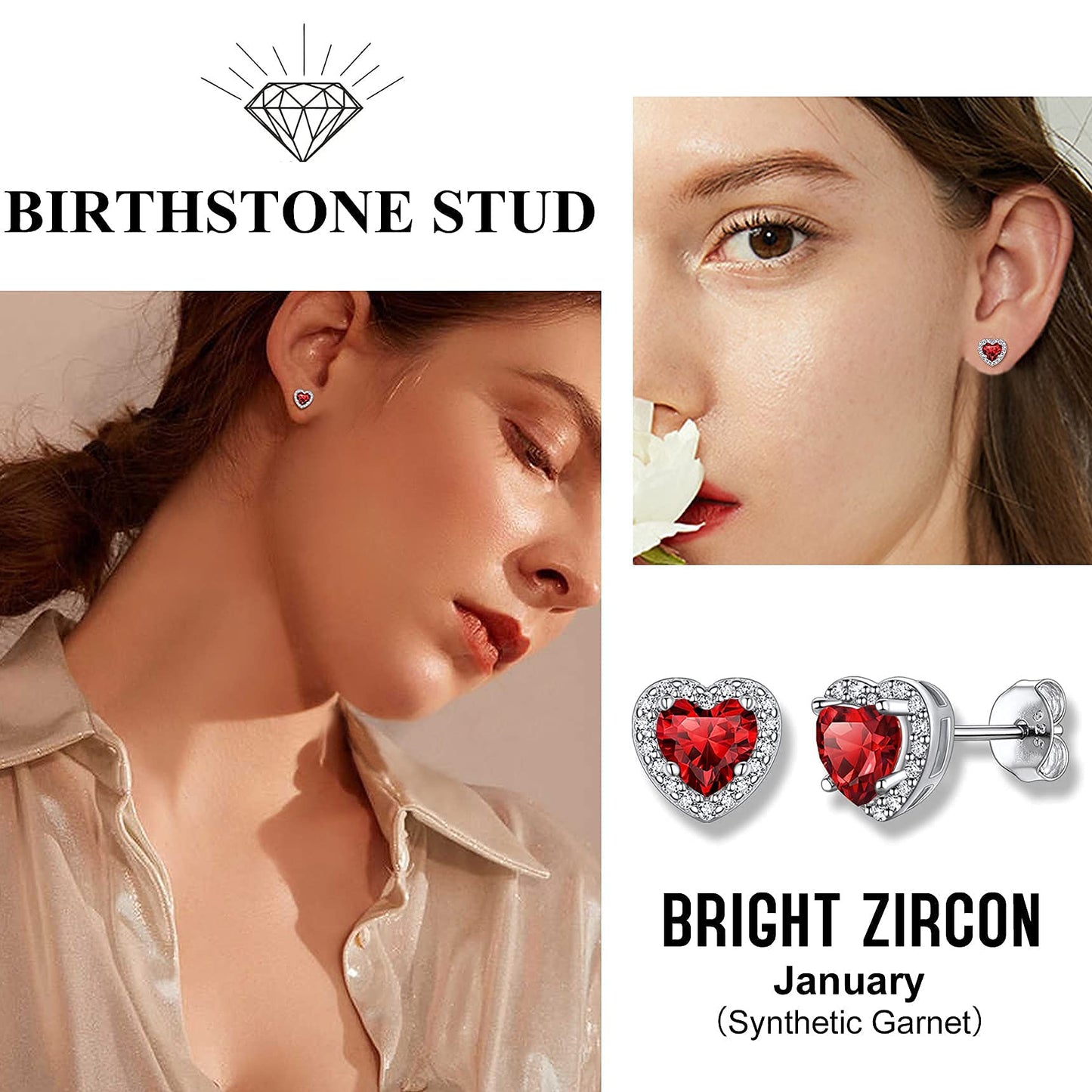 Bestyle 925 Sterling Silver Created Diamond Earrings Heart Studs for Women, 5mm January Granet Birthstone Gem Earrings Illuminated by 1mm White Cubic Zirconia