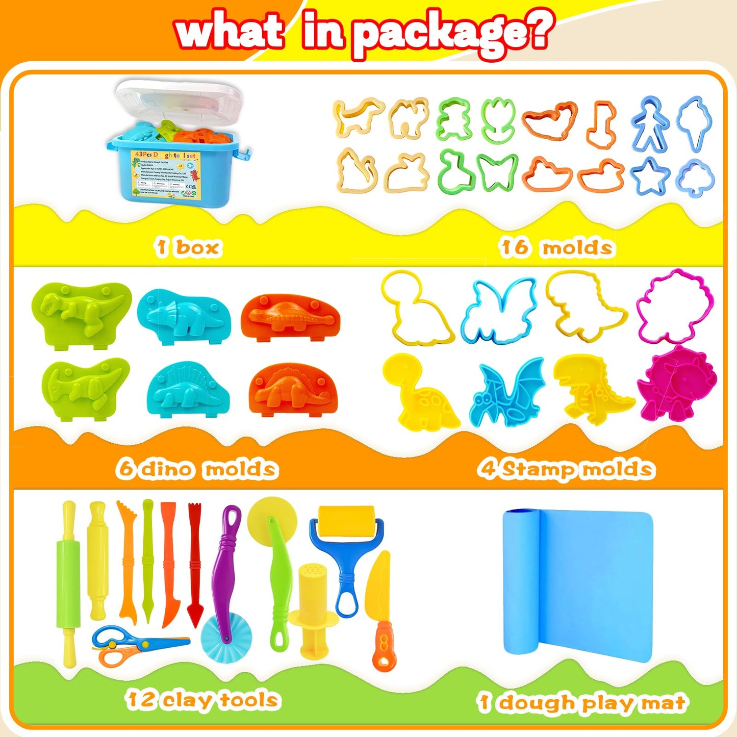 LCY WEDSHI Playdough Tool Set, 43 Pcs Play Dough Tools Sets for Kids Ages 4-8 with Storage Container, Dough Accessories Includes 3D Dinosaur Molds, Animal Molds, Cutters Roller, Rolling Pins