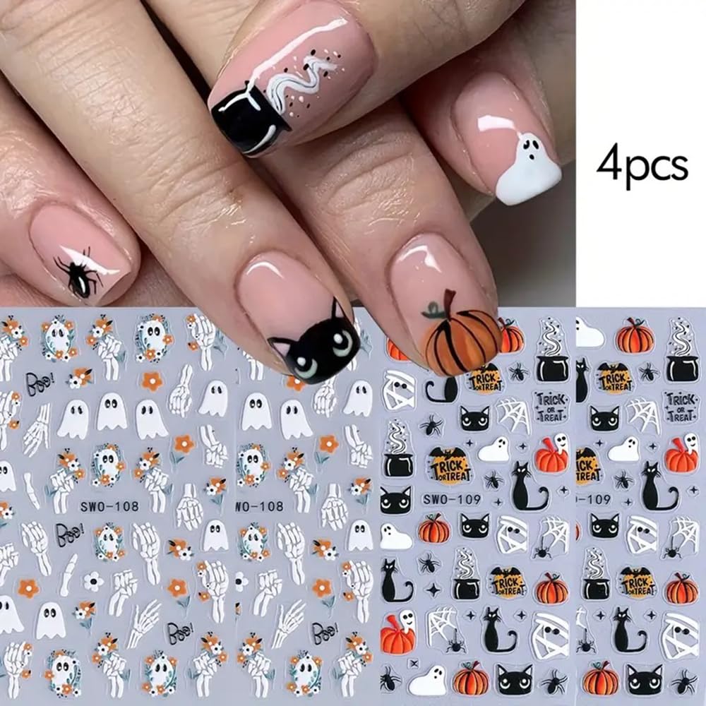 4 Sheets Halloween Nail Stickers for Nail Art Scary Black Cat Mummy Spider Web Nail Art Stickers 5D Spider Pumpkin Nail Decals Self-Adhesive Ghost Skeleton Nail Supplies for Women Nails Decoration