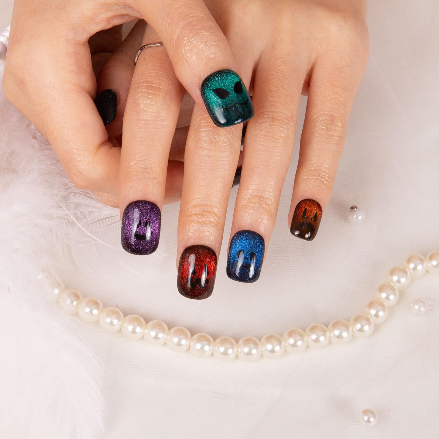LOVFUL Press on Nails Spectral Jack-o'-lantern| Handmade with Full Covered Crystals | Reusable Fake Nails | Square Short 0.8 in | H336-S