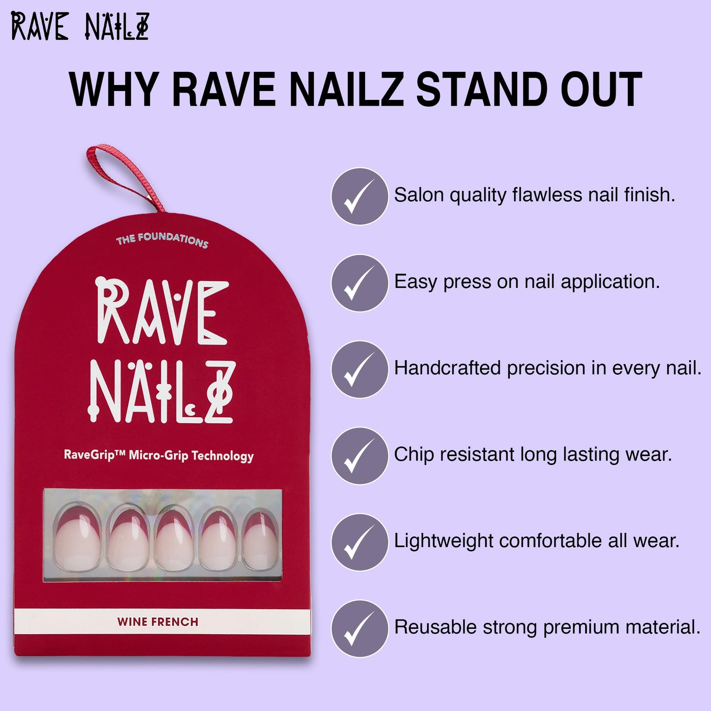 Rave Nailz Wine French Tip Press On Nails (30 Count) - Short Oval Glossy Press On Nails with Subtle Elegance - Chip-Resistant Fake Nails with Glue, Includes File, Long-Lasting 2+ Weeks
