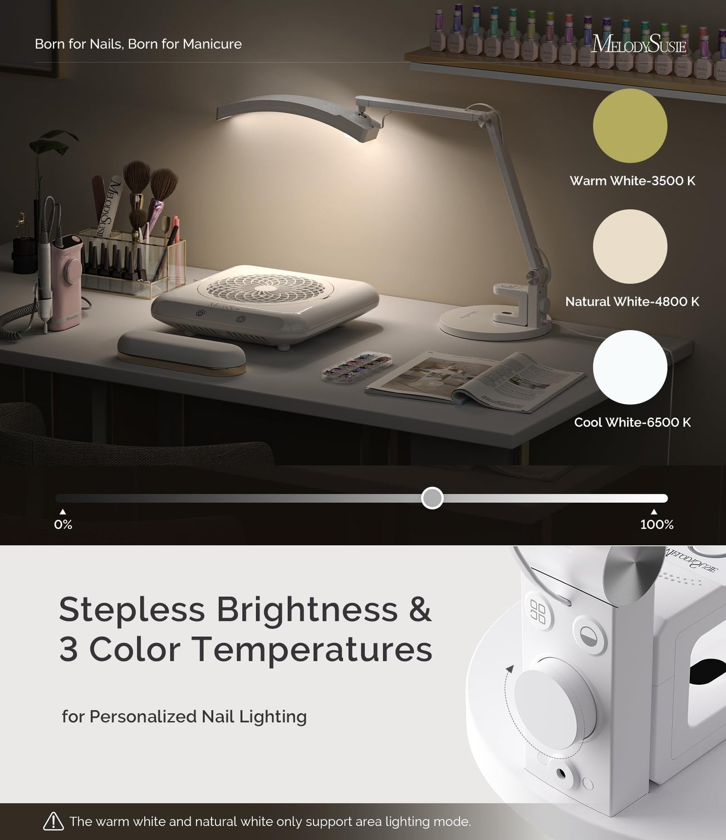 MelodySusie LED Manicure Table Lamp for Nail Techs, S-Pro29G Professional Nail Desk Light with Magnetic UV Curing Lamp, Adjustable Arm, Dimmable Brightness & 3 Color Temps for Gel Nails & Nail Art