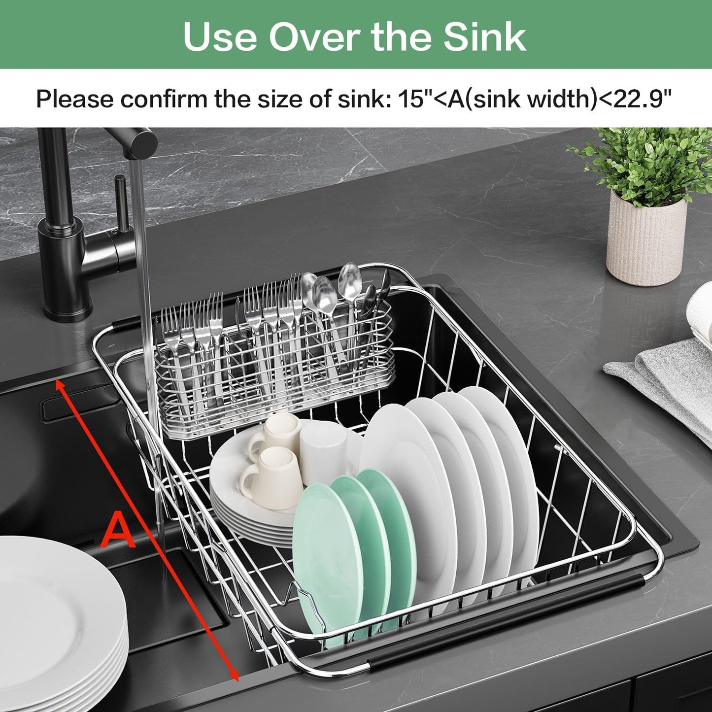 Fanbsy Large Dish Drainer Rack in Sink Adjustable, Expandable 304 Stainless Steel Metal Dish Drying Rack Organizer with Stainless Steel Utensil Holder Over Inside Sink Counter, Rustproof