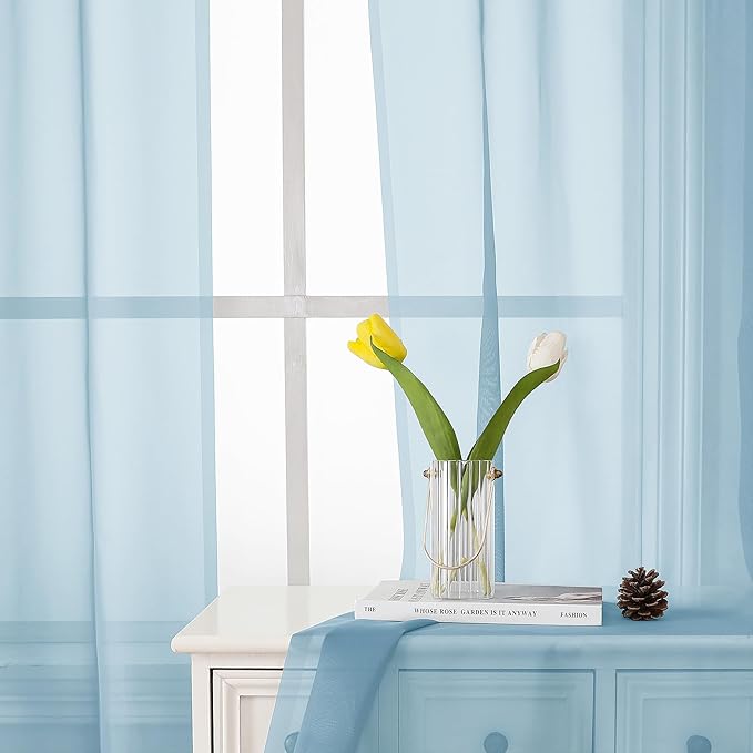 Lecloud Light Blue Sheer Curtains 84 Inches Long 2 Panels, Light Filtering Solid Voile Curtains for Living Room Bedroom, Dual Rod Pocket Gauzy Farmhouse Window Treatments, 40 W x 84 L Inch, Sky Blue