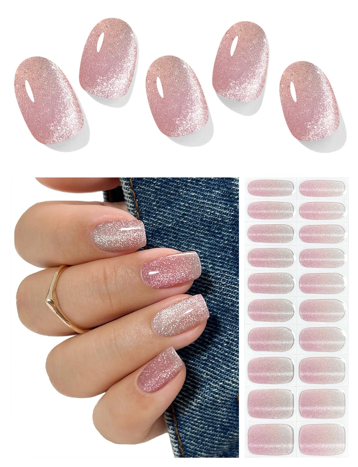 AutyaMee Semi Cured Gel Nail Strips (Pink Omber Cat Eye), Nude Gradient, 20 Pcs Gel Nail Wraps, Stickers, UV Light Required, Salon Quality, Long Lasting