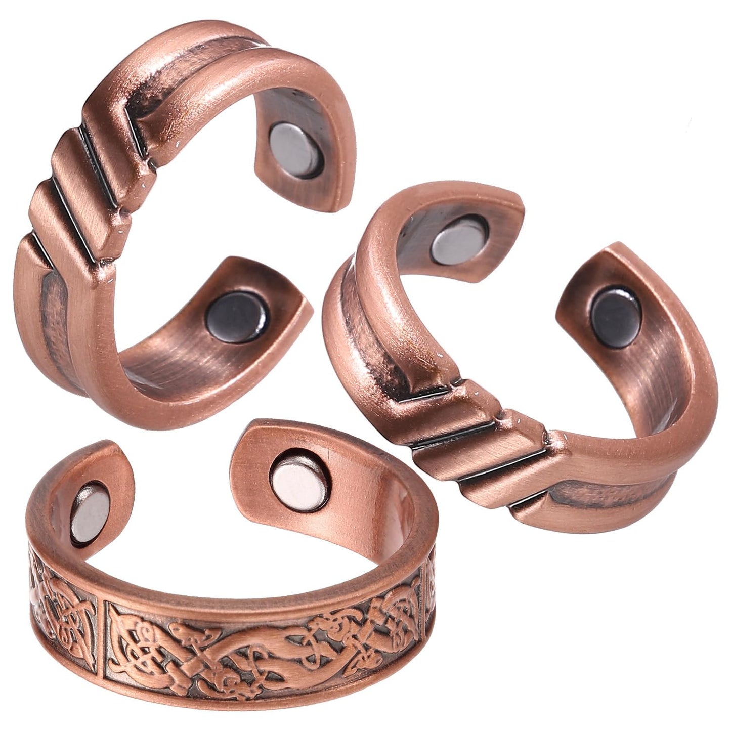 Fashtour 3 Copper Rings for Men, 99.9% Pure Copper Magnetic Rings, Vintage Pattern Adjustable Cuff Ring