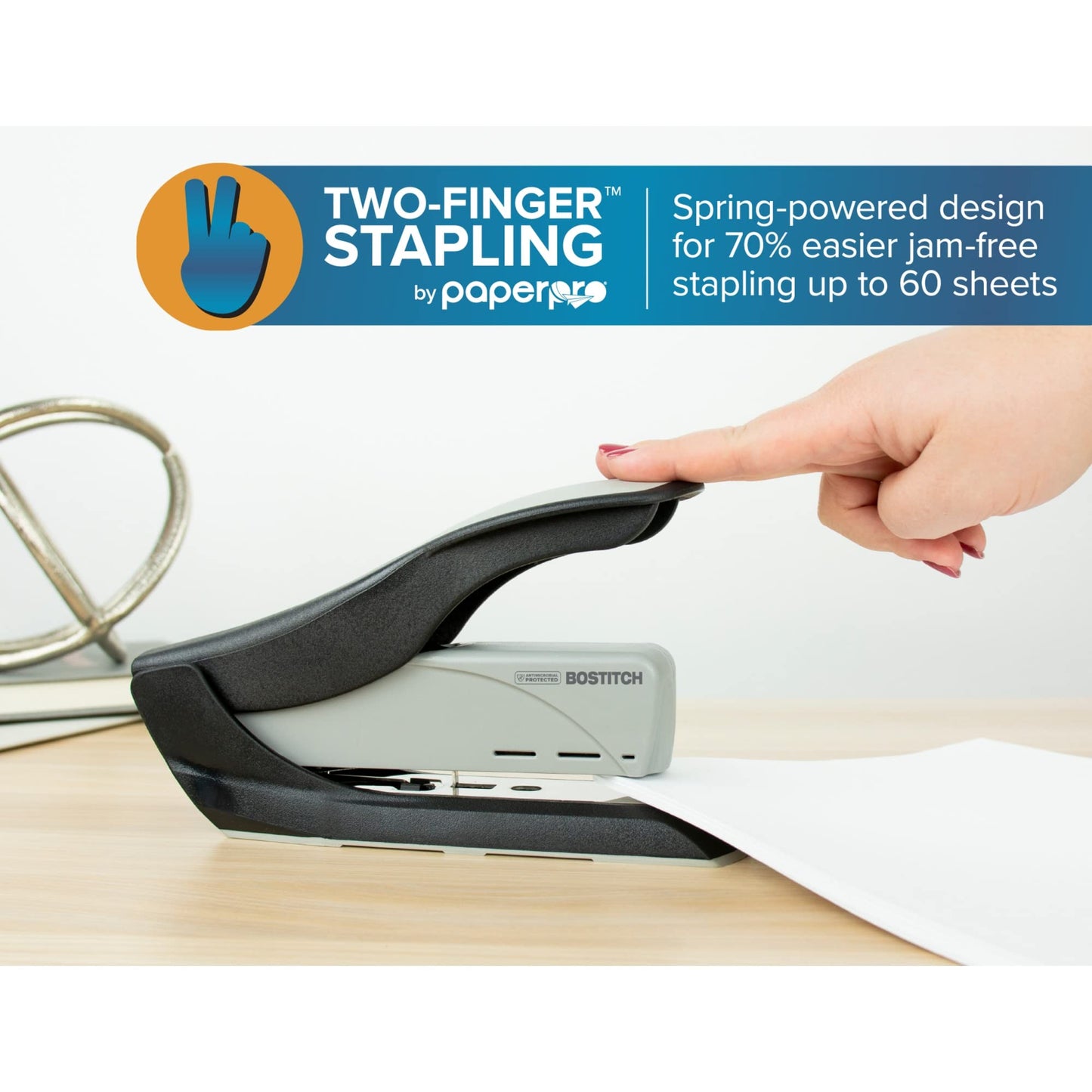 Bostitch Office 60 Sheet Heavy Duty Stapler - Two Fingers, No Effort, Spring Powered Stapler - Gray (1200)