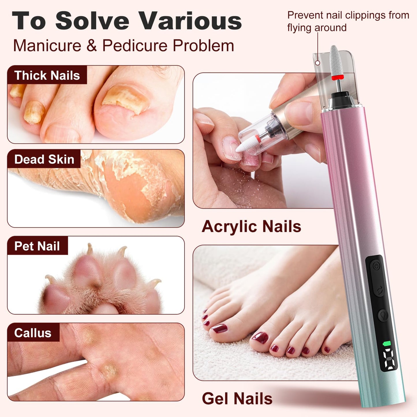 Bzone Cordless Electric Nail File Drill with UV Light Lamp, 5 Speed Rechargeable Portable Manicure and Pedicure Kit, for Human, Pet, Thick Toenails, Natural & Acrylic Nails Grey