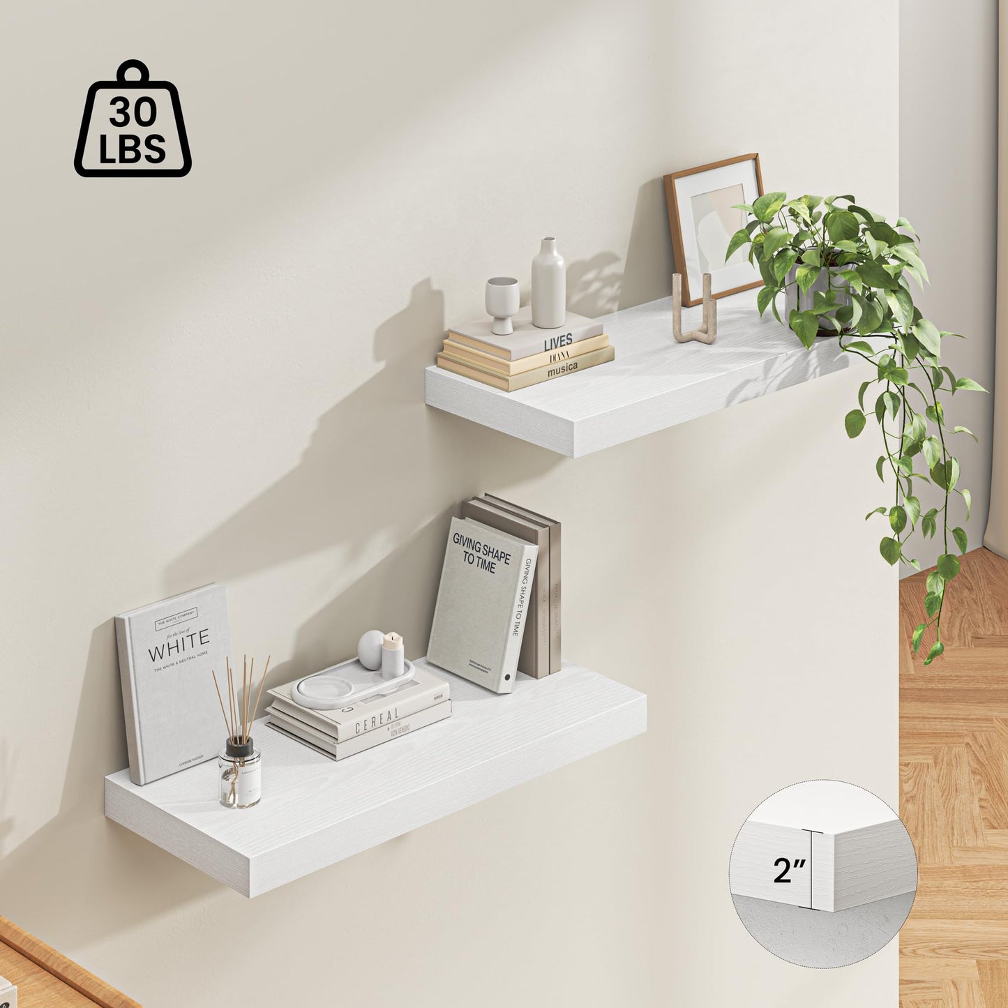 Dreamland 32" Floating Shelves for Wall, 12" Deep Thicker White Floating Shelves, Wall-Mounted Shelves for Bedroom, Living Room, Kitchen, Bathroom - Set of 2