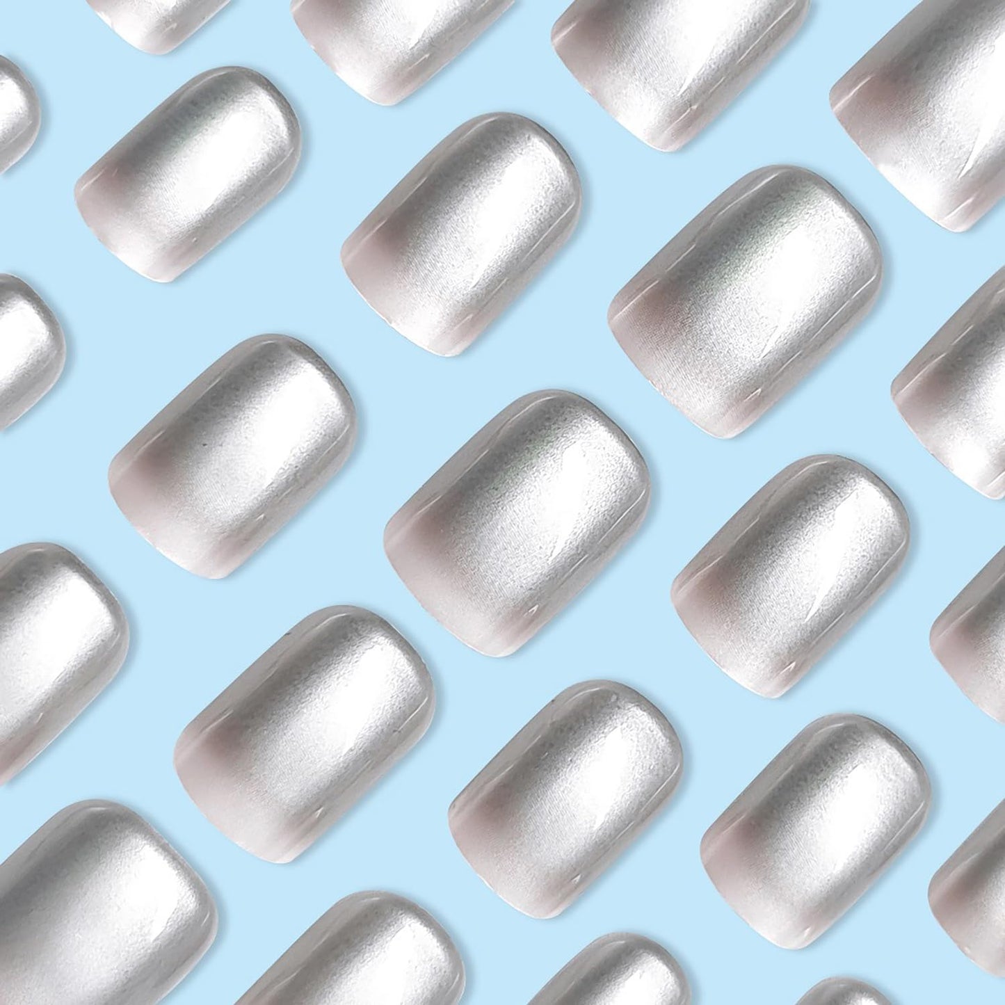 Chrome Press on Nails Short Square MABKJLF Fake Nails White Gradient False Nails with Designs Silver Mirror Full Cover Glossy Glue on Nails Acrylic Nails for Women Girls 24 Pcs