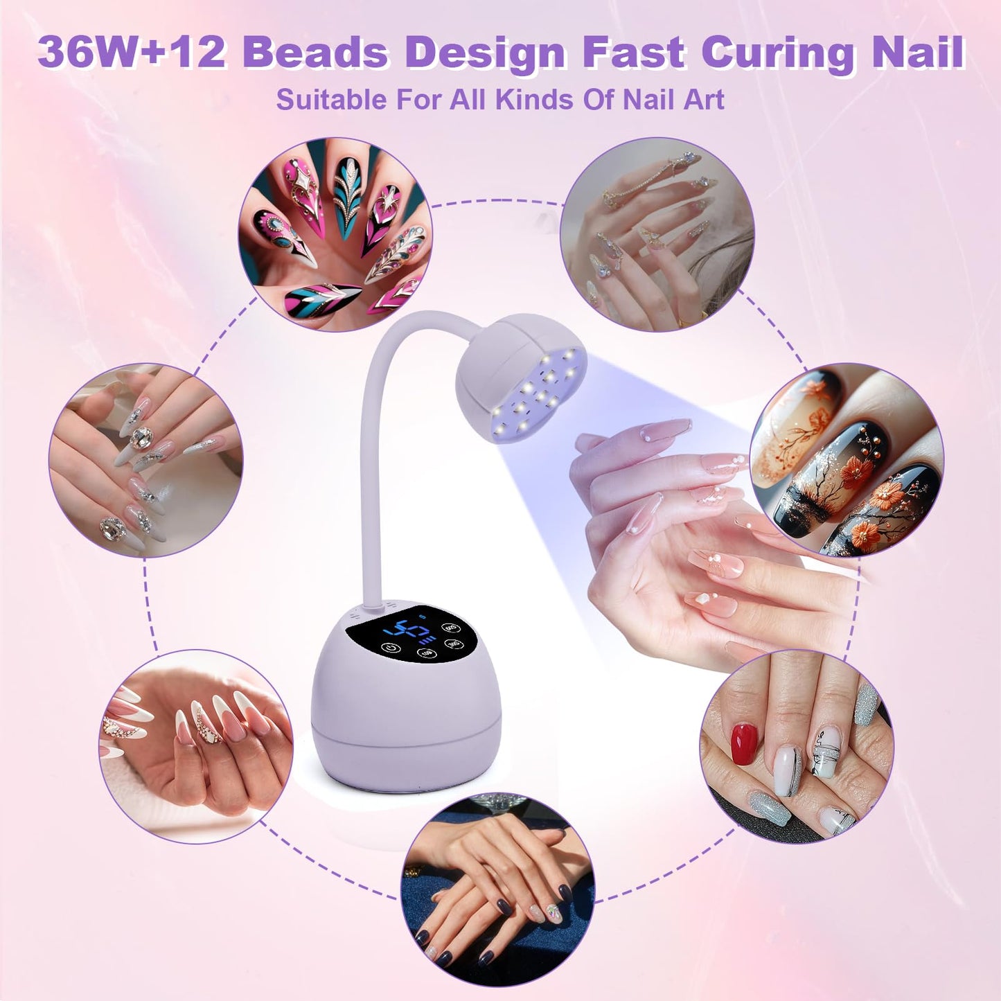 CGBE UV Nail Lamp, Cordless Gooseneck Gel x Lamp, 36W Mini Flash Cure Light, Portable USB LED Nail Light with 4 Timers & Auto Sensor for Salon Home DIY Use, Purple