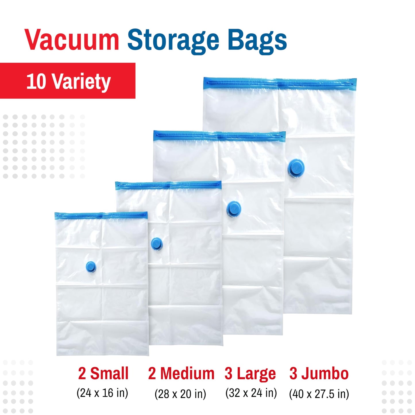 10-Pack Variety Vacuum Storage Bags for Comforters, Blankets & Clothes – Vacuum Sealed Compression Bags with Hand Pump – Space Saver Storage Bags for Bedding,Travel & Organization (2S, 2M, 3L & 3XL)