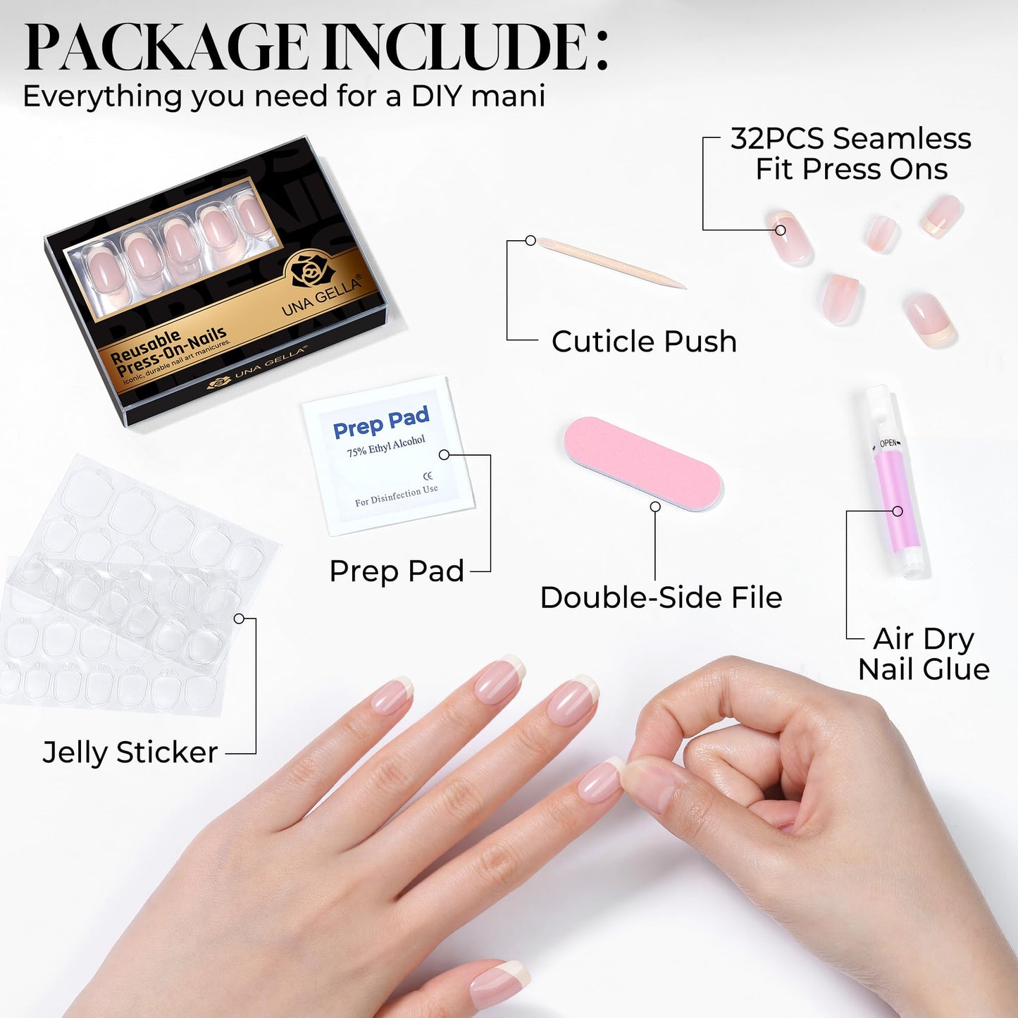 UNA GELLA 32Pcs Soft Gel Press on Nails - 16 Sizes French Tip Short Square Glue on Nails, Reusable Nude Beige False Nails, Full Cover Acrylic Nail Kit for Women DIY Home Manicure