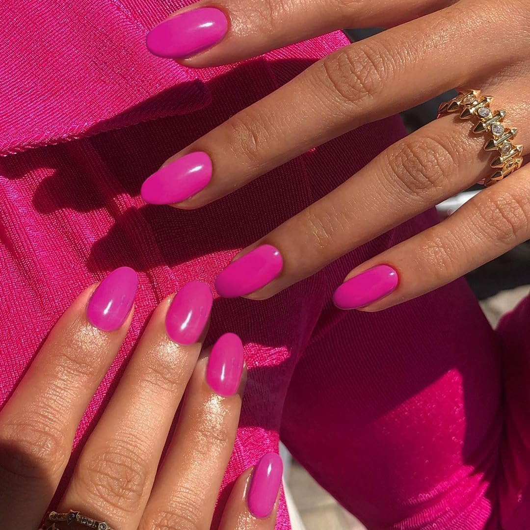 KQueenest Hot Pink Press on Nails Short Medium Square&Hot Pink Press on Nails Short Oval For Beach Party Daily Decoration in 48 PCS