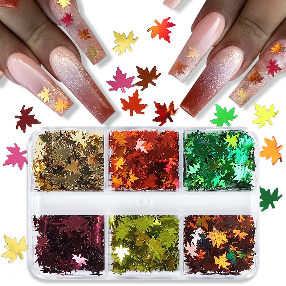Fall Glitter Nail Sequins Maple Leaf Nail Glitters Flakes Holographic Maple Leaves Nail Glitter Retro Autumn Winter Nail Designs Stickers Decals Nail Decorations Fall Nail Art Tool Accessories 6 Grids