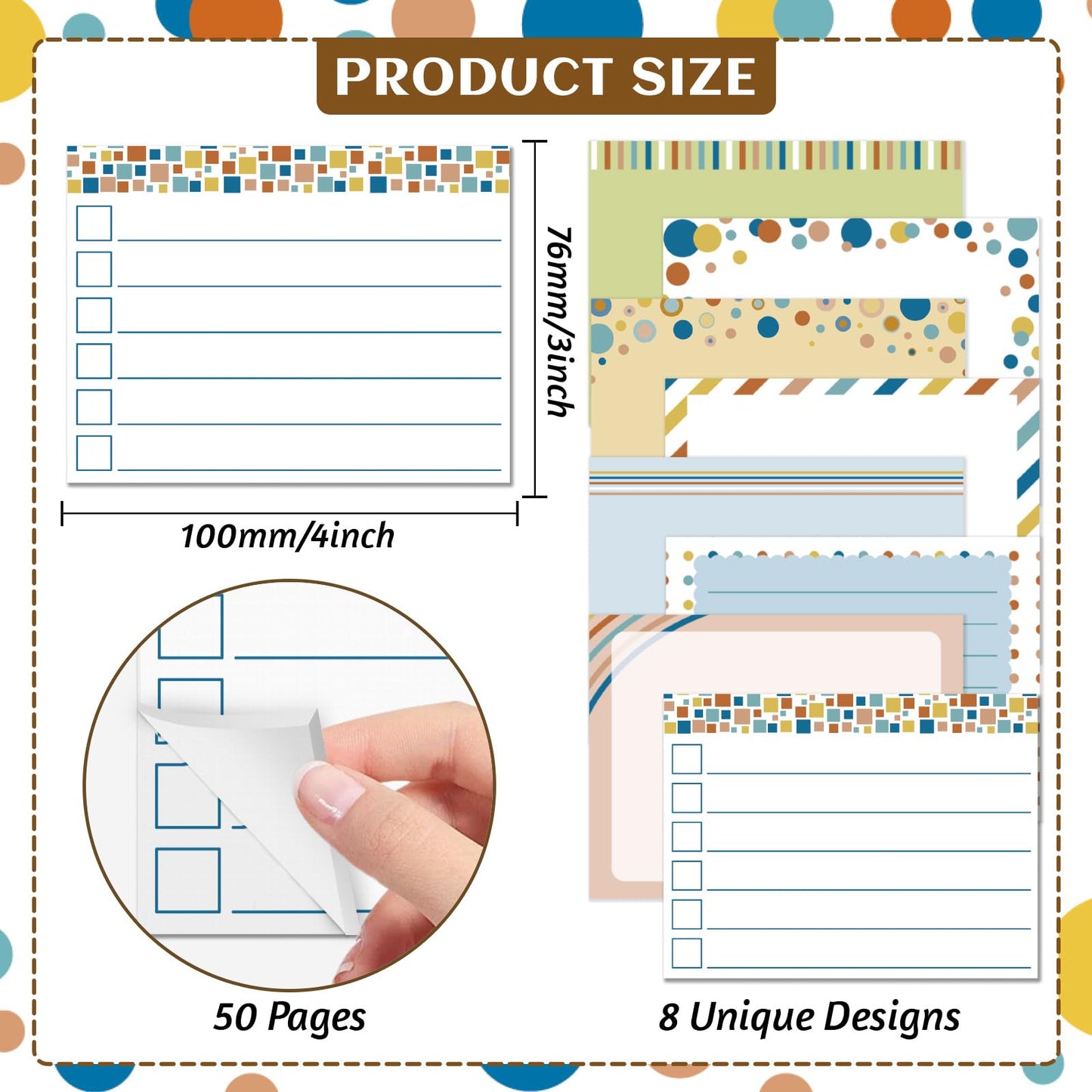 GLOBLELAND 8 Pads 400 Sheets Polka Dots Sticky Notes Set 4x3 inch Self-Adhesive Memo Pads Stripes Post it Notes for Journaling Planners Office Meeting Craft Lovers