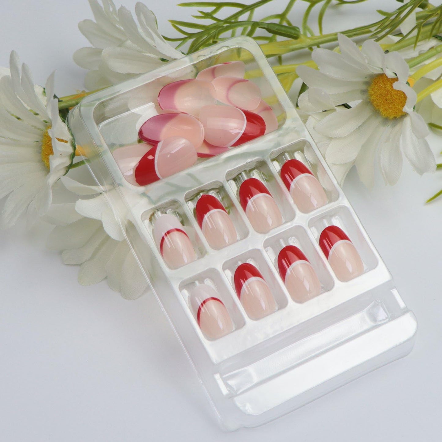 Press on Nails Short Oval Fake Nails with Red White French Designs Round Nude Nails Press ons Winter Acrylic Nails for Women 24 Pcs