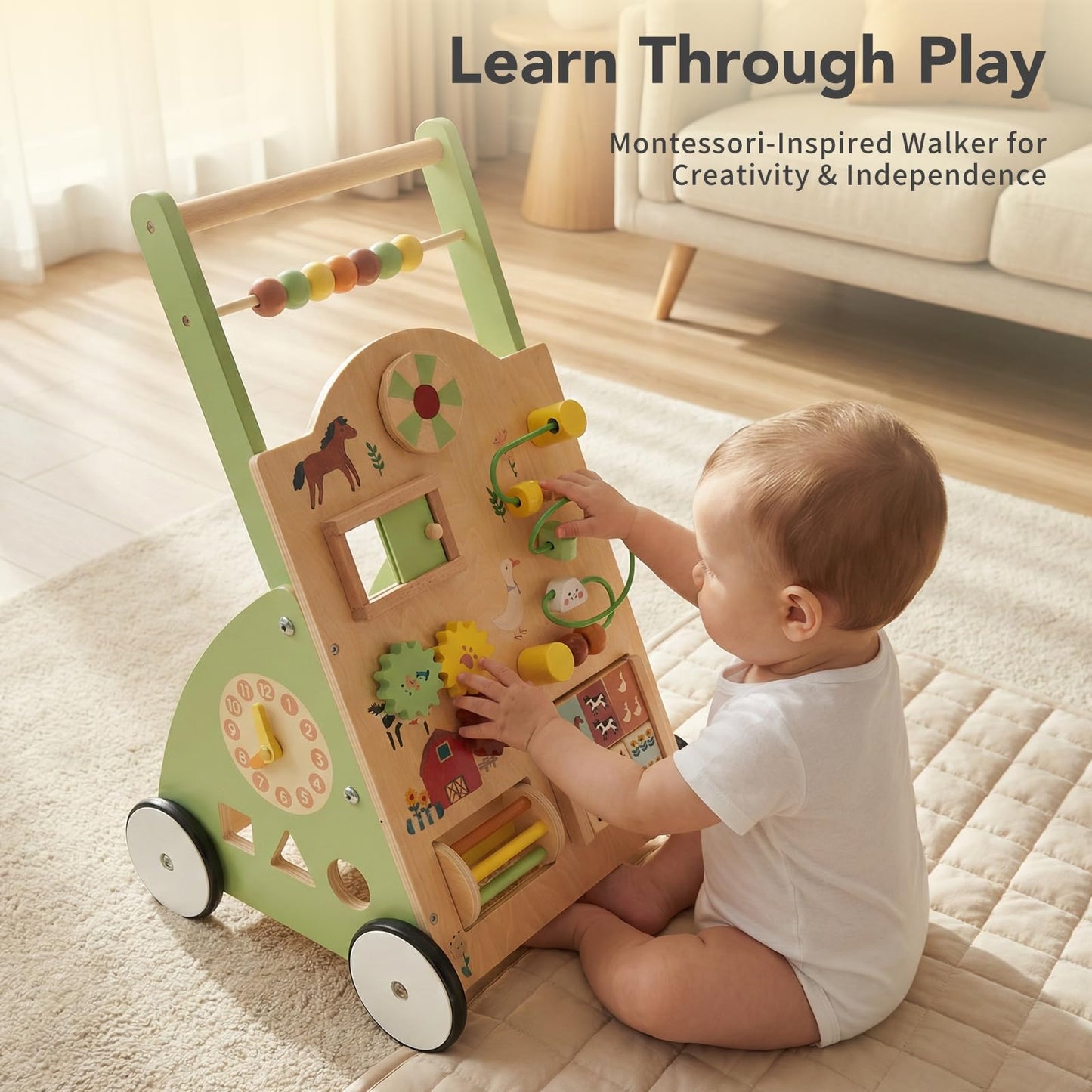 DUMOS Wooden Baby Push Walker, Montessori Activity Toys with Adjustable Speed for 1 Year Old, Silent Rubber Wheels, Green