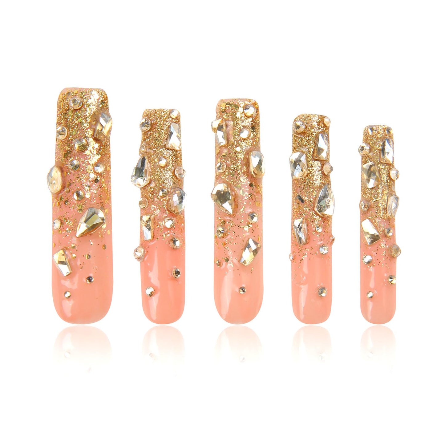 LOVFUL Gold Bling Press On Nails, Stunning Drill Glue On Nails, Luxury Fake Nails, Princess Nails | Handmade Nails l Fake Stick on nails | Square Long 2.2 in | H84(L)