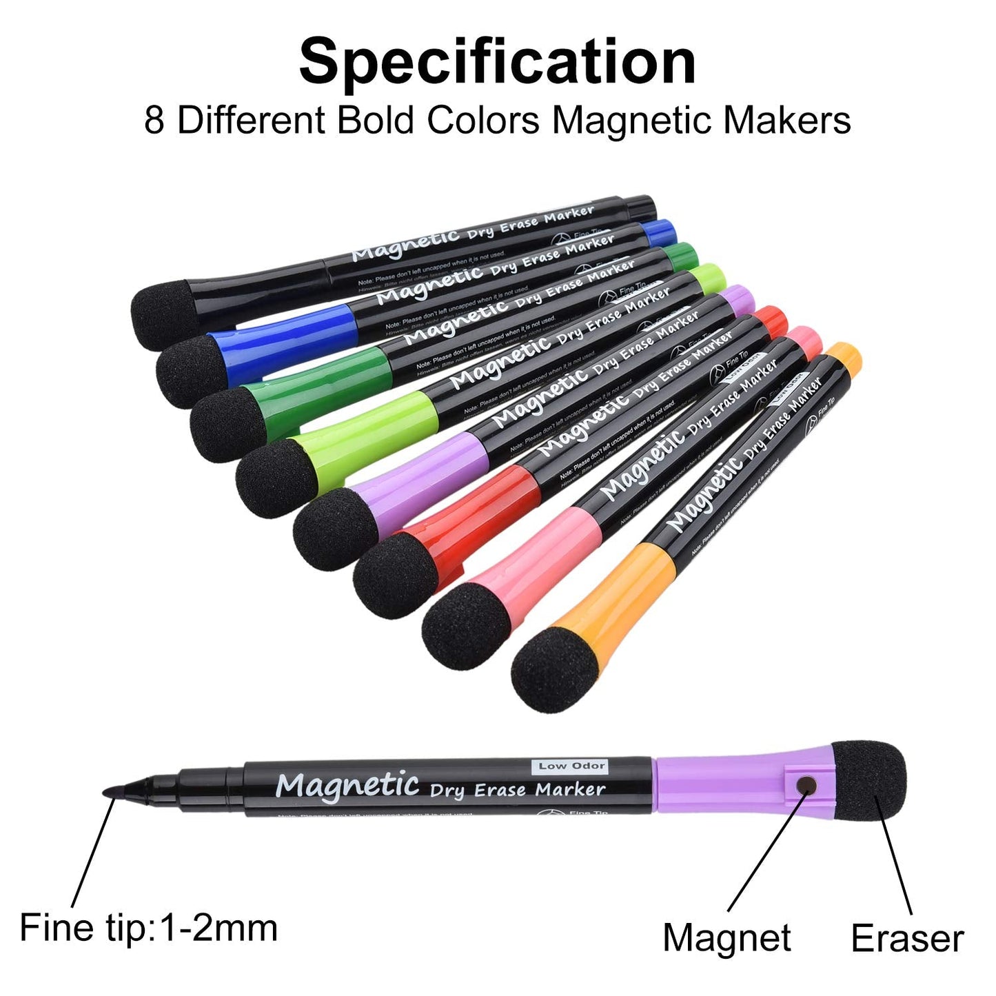 Magnetic Dry Erase Markers, (8 Pack) Dealkits Low Odor White Board Markers Whiteboard Markers with Erasers for Kids Teacher Supplies for Classroom Work on White Board, Calender, Fine Tip Point