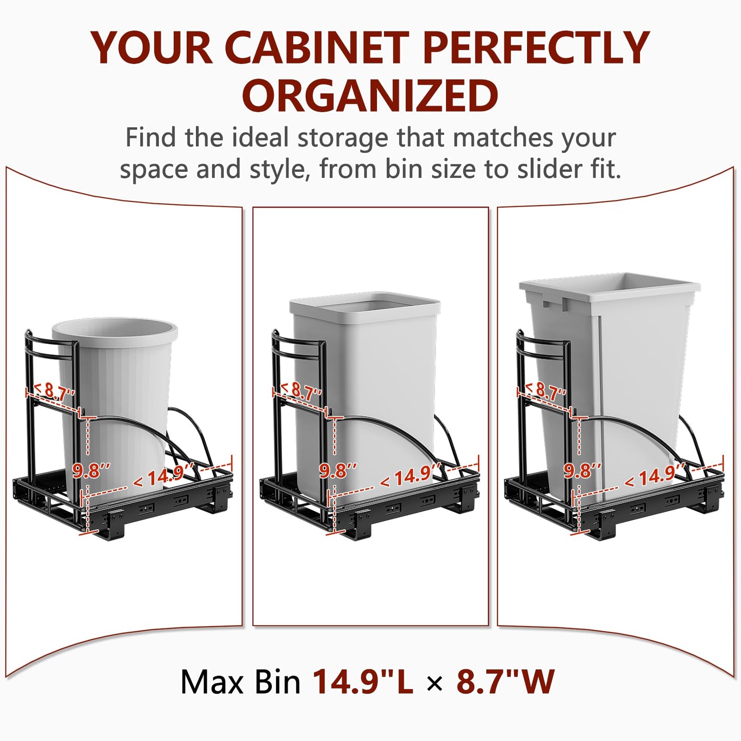 ANASTA Under Sink Trash Can Pull Out Trash Hidden for 30-50 Qt 7-13 Gallon Garbage Can Under 13" Wx19 Dx17 H Cabinet, Black Pull Out Kit with Full Extension Slide for Kitchen and Bathroom, No Bin