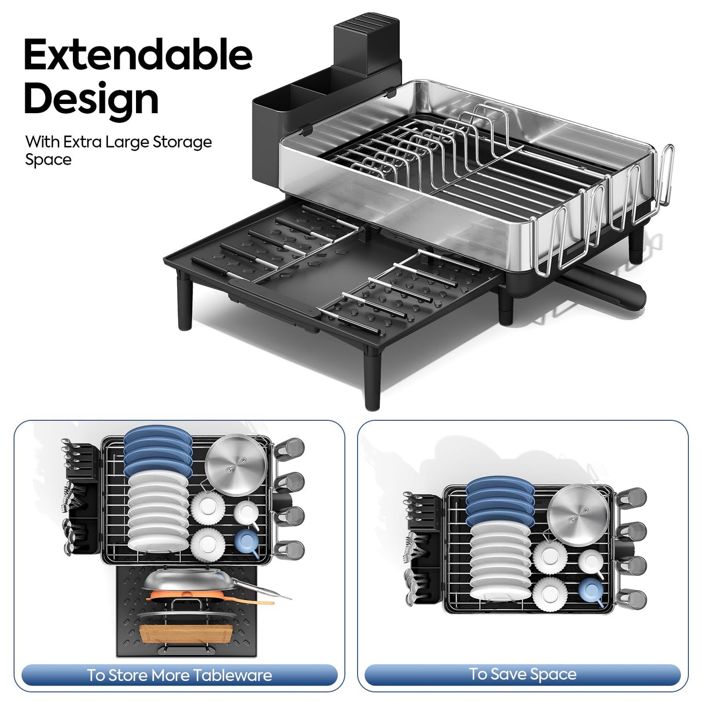 Urackify Dish Drying Rack for Kitchen Counter - Stainless Steel Dish Drainer with Drain Board, Removable Utensil Holder, Rust-Proof Plate, Non-Slip Feet, Large Capacity for 10 Plates 6 Bowls 4 Cups