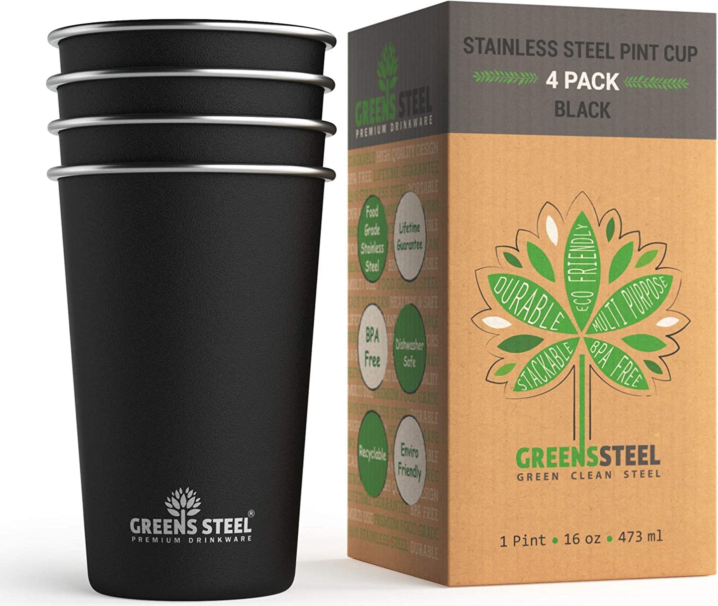 Stainless Steel Cups - 16 oz Pint Tumbler (4 Pack) - Premium Metal Drinking Glasses | Stackable Durable Cup (16 oz Black)
