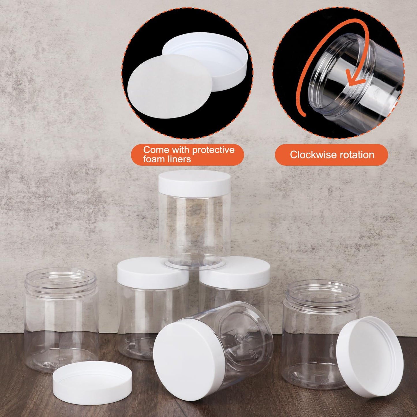 IHDYPPEW 48 Pack 8 OZ Clear Plastic Jars with White Lids, Empty Plastic Mason Jars, Plastic Cosmetic Jars with Lids for Cream, Body Butters, Moisturizers, Candy, Beads, Samples (Clear)