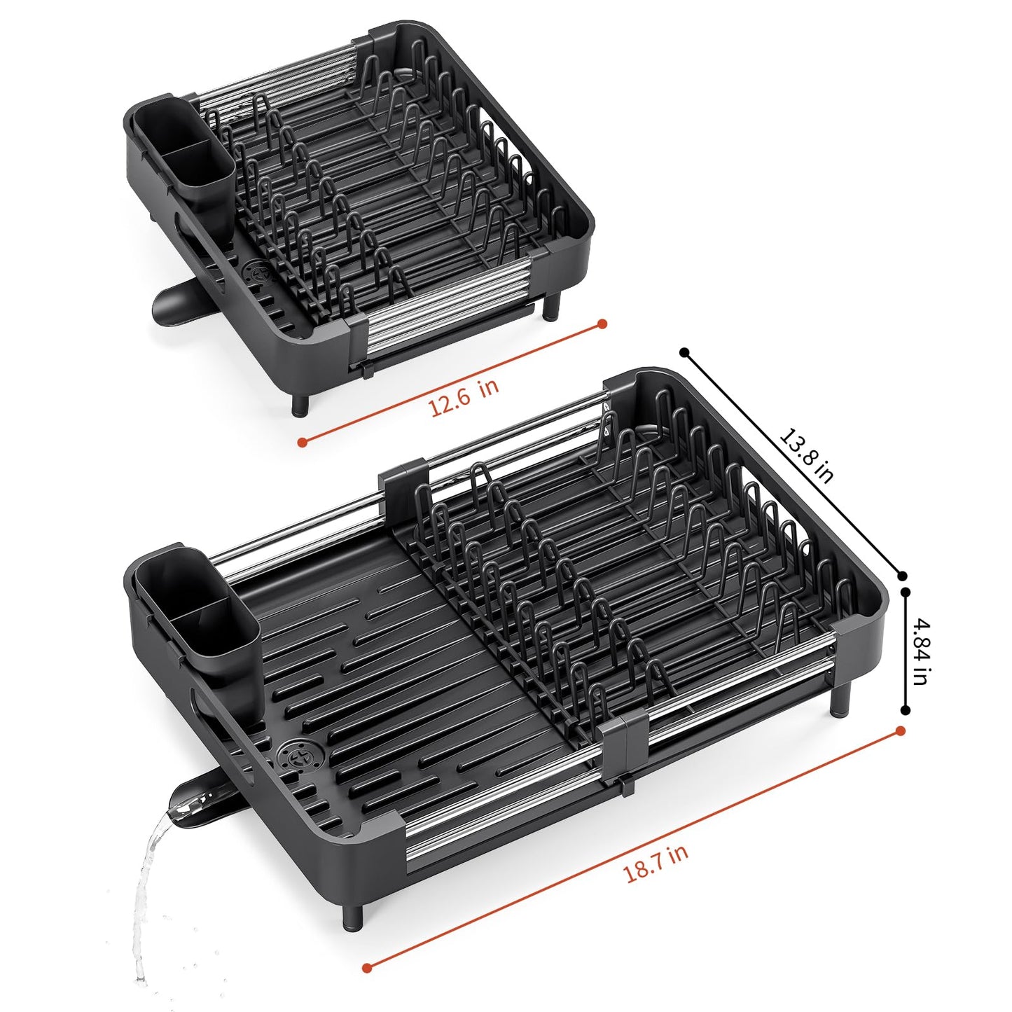 TOOLF Dish Drying Rack, Expandable Dish Rack for Kitchen Counter, Anti-Rust Dish Drainer, Sink Organization and Storage Essentials with Cutlery & Cup Holder, Black