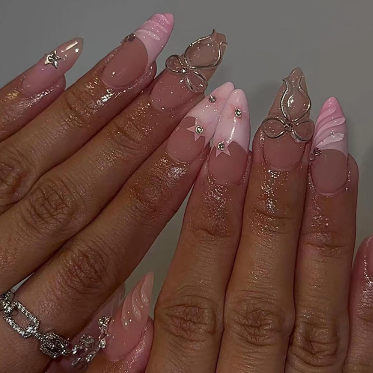 Hkanlre Almond Fake Nude Nails Tips Full Cover False Medium Nails Summer Flower Press on Nails for Women 24PCS