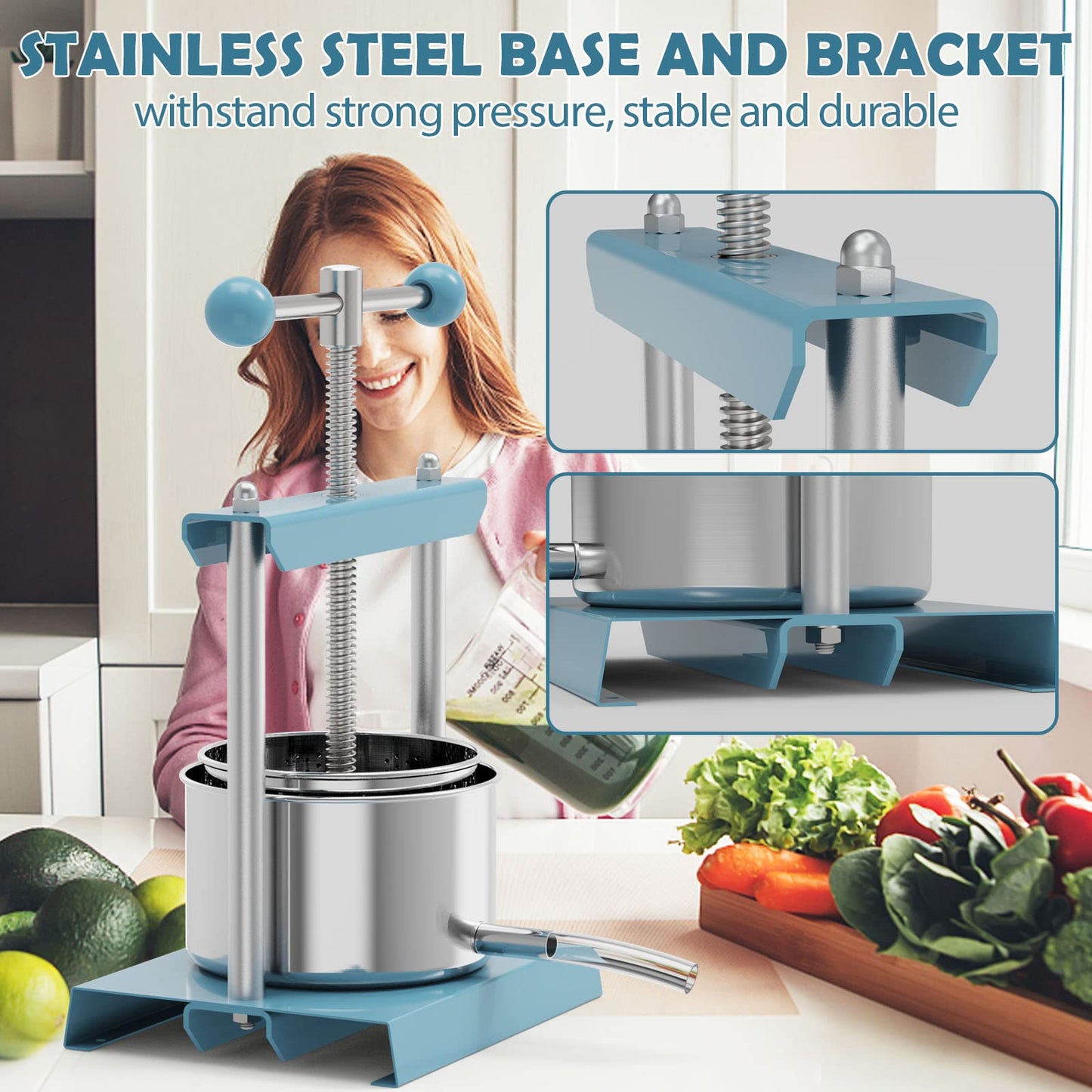 SQUEEZE master Cheese Tincture Herb Fruit Wine Manual Press -0.53Gallon/ 2 Litre-Power Ball Handle-Stainless Steel & Iron for Juice, Cider,Wine,Olive Oil-Blue