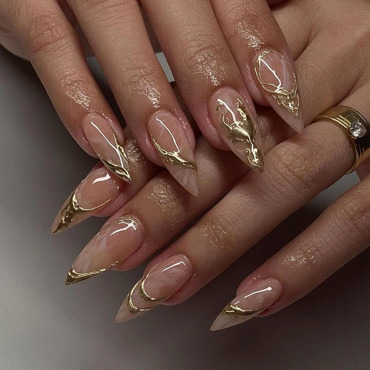 Gold Press On Almond False Nails - Medium Fake Nails with 3D Gold Chrome Design - Glossy Full Cover Stick On Press Ons for Women - 24 Pcs