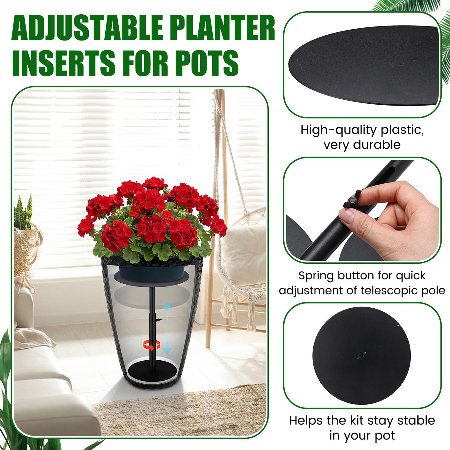 Novabright 3 Pack Adjustable Plant Riser for Inside Pot 7.5-12" Planter Inserts for Large Pots Metal Pot Fillers for Tall Square Round Taper Planters Container Indoor Outdoor (6''8" 10" Base or Top)