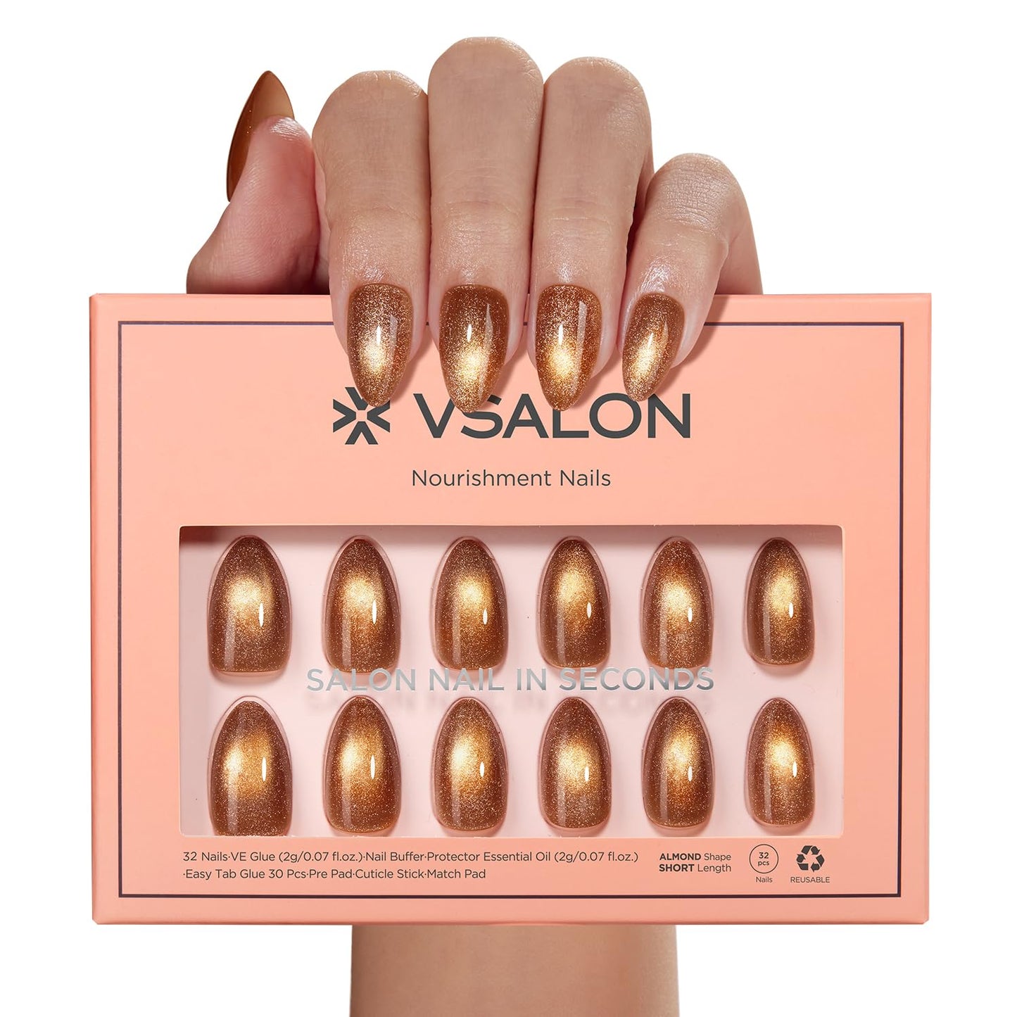 VSALON Press On Nails Short Almond, Brown Cat Eye Sparkle Fake Nails Kit, Reusable Glue on Nails, 32 Pcs Stick On Nails in 16 Size