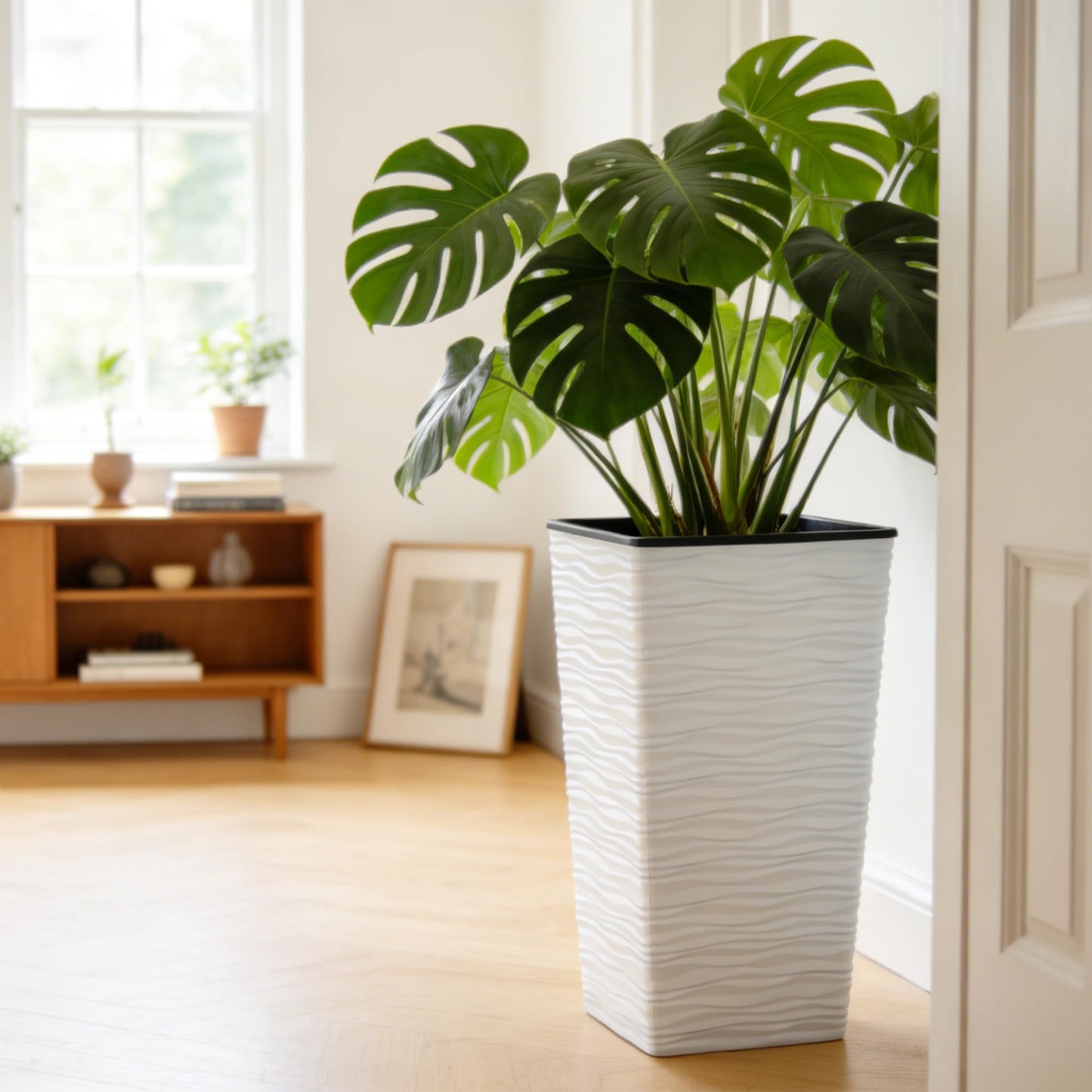 Worth 2 Pack 22" Tall Plastic Square Tapered Planter with Inside Pots for Indoor or Outdoor Use, Modern Wavy Finish for Front Porch or Deck, White