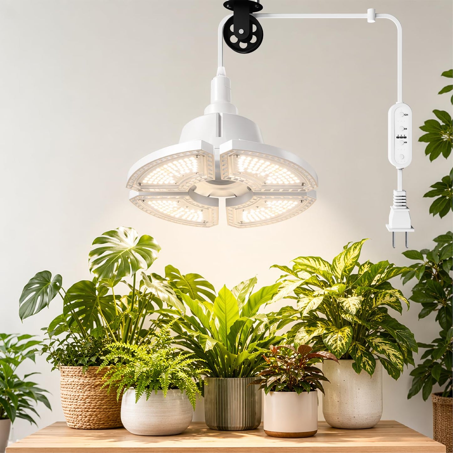 RDJ Bouns 80W Hanging Grow Light for Indoor Plants, High PPFD Full Spectrum Pendant Plant Light with Adjustable Pulley & 4 Foldable Panels, Built-in 4/8/12H Auto Cycle Timer,16.4ft Power Cord, Plug-in