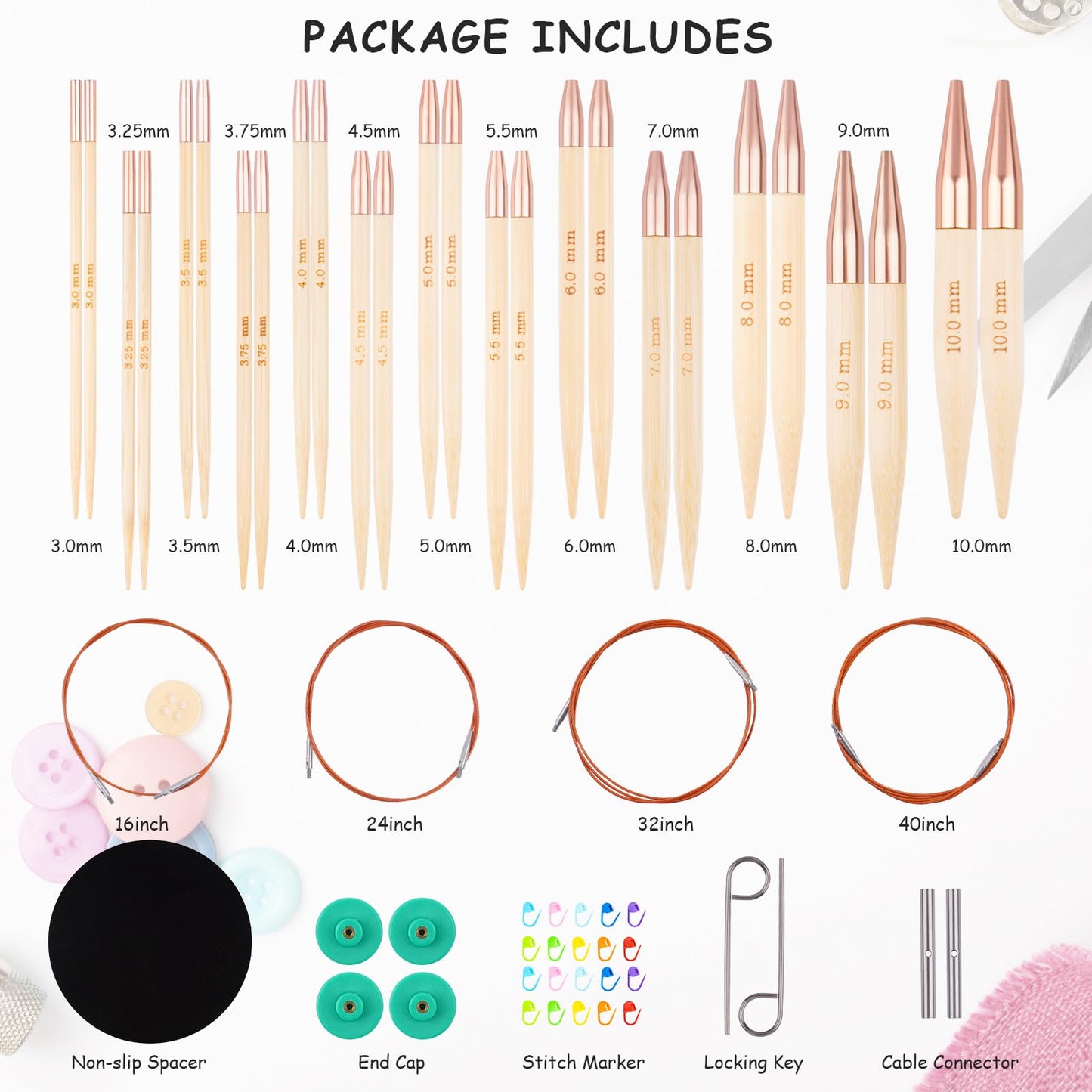 Hobekoee Bamboo Interchangeable Circular Knitting Needles Set 13 Pairs Interchangeable Knitting Needles 3.0mm~10.0mm