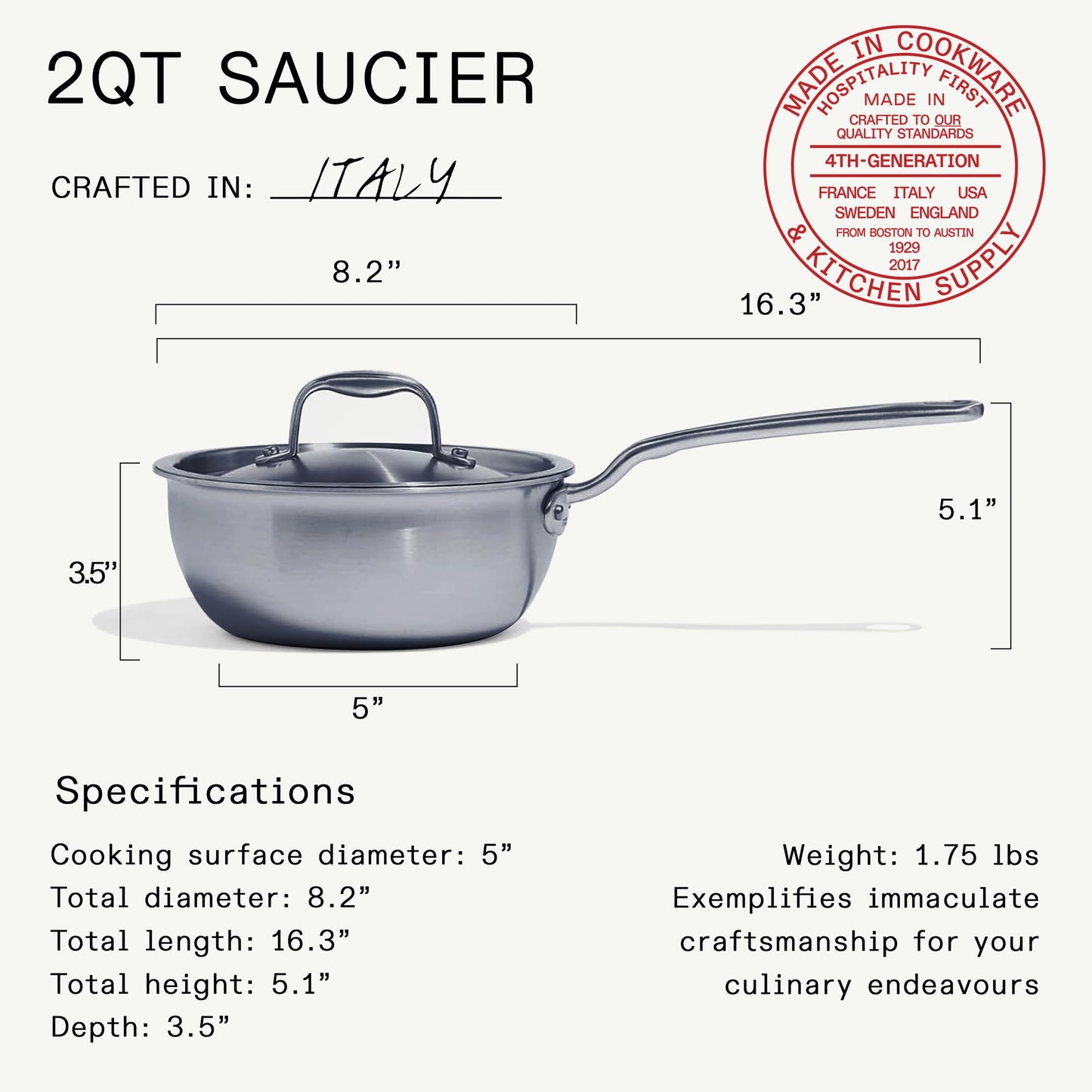 Made In Cookware | 2 Quart Stainless Steel Saucier Pan | 5 Ply Stainless Clad | Professional Cookware | Crafted in Italy | Induction Compatible