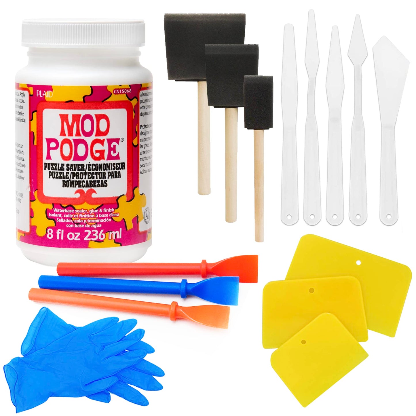 Mod Podge Puzzle Saver Glue Kit, Adhesive Brushes for Jigsaw Puzzles, Boards, Mats, Pixiss Accessory Kit with Glue Spreaders, Gloves, Brushes, Palette Knife Set