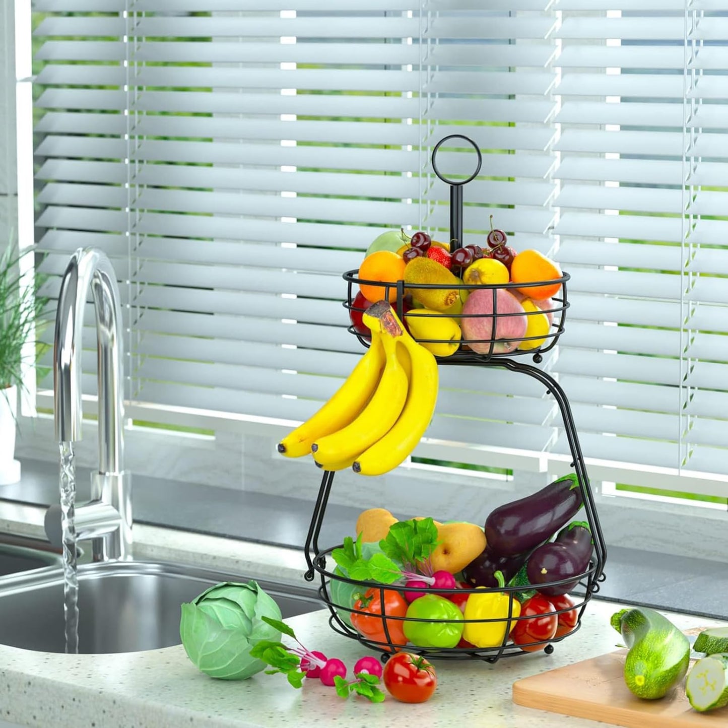 ASTLIHO House Warming Gifts New Home, Fruit Basket for Kitchen Counter, 2 Tier Countertop Fruit Bowl Vegetable Baskets with Banana Hanger, Storage Basket for Snack, Home Decor, Kitchen Appliances