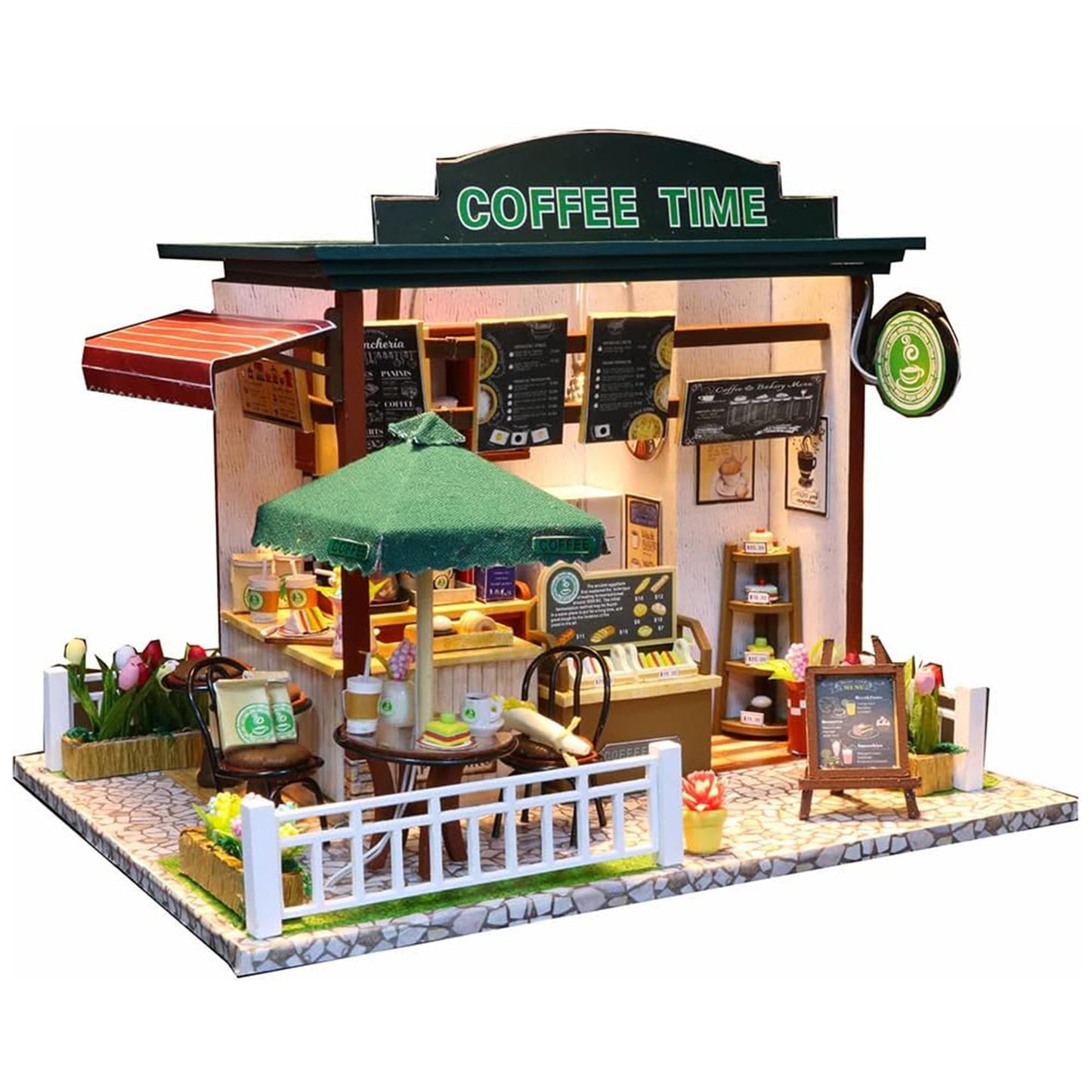 Flever Dollhouse Miniature DIY House Kit Creative Room with Furniture for Romantic Valentine's Gift (Time Cafe)