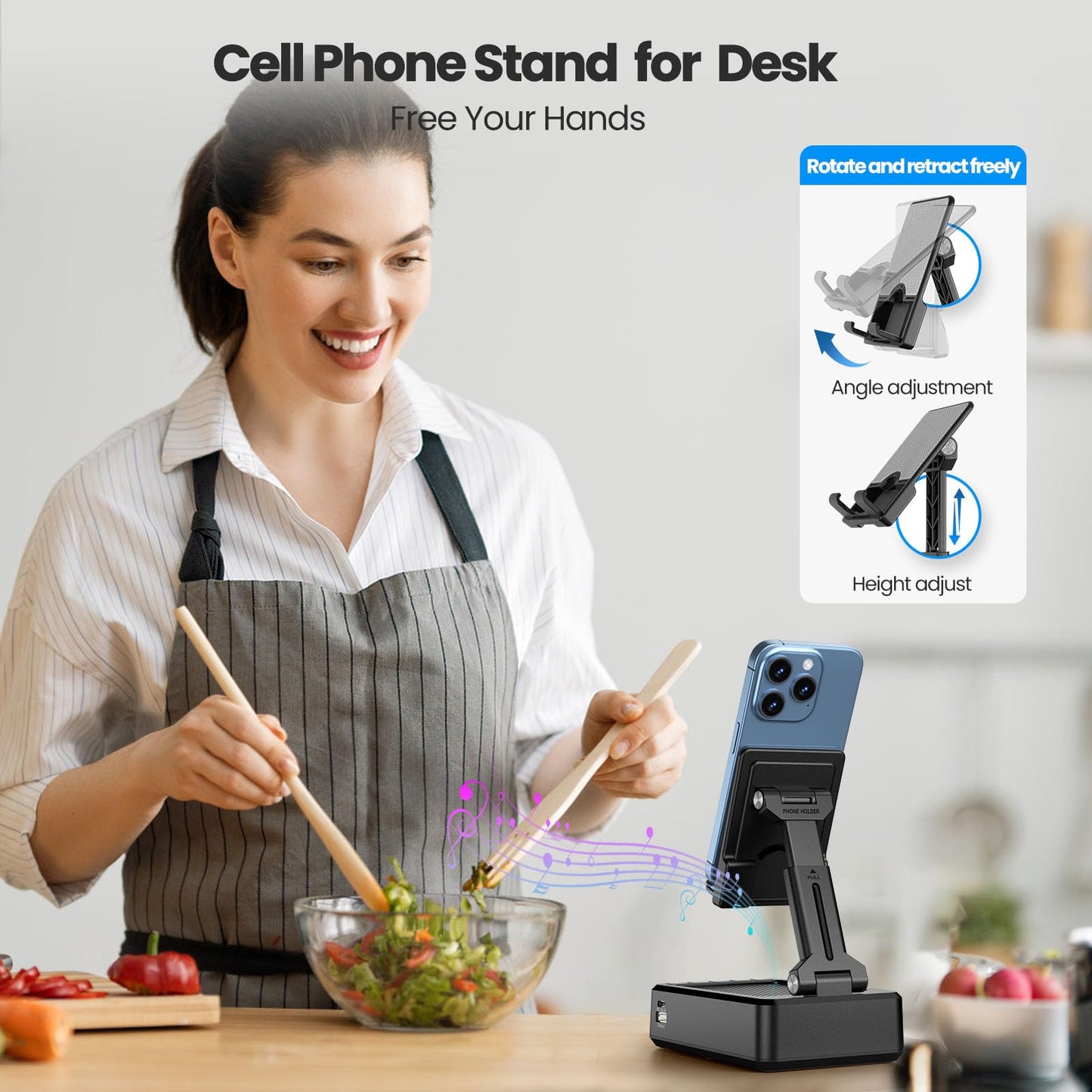 JTEMAN Cell Phone Stand with Bluetooth Speaker,HD Sound Adjustable Phone Holder,Birthday Gifts for Men Women, Cool Tech Kitchen Gadgets for Most Phones and Tablets-Black