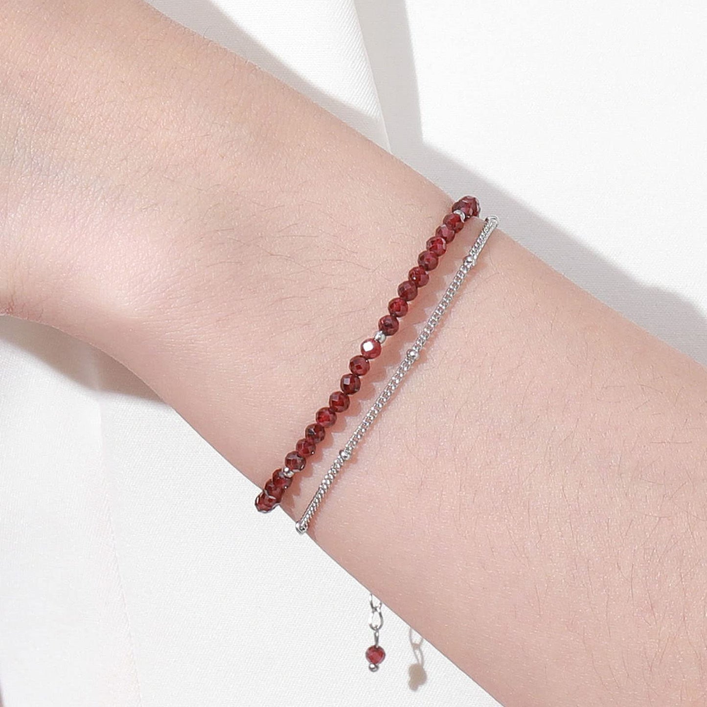 MIROCANE Red Garnet Stand Silver Bracelet, Handmade January Birthstones Stack Bracelets Crystal Gemstones Bead Chain Gifts for Women, 8"